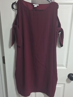 (London) Bar III Burgundy Cold-Shoulder Tie-Sleeve Shift Dress